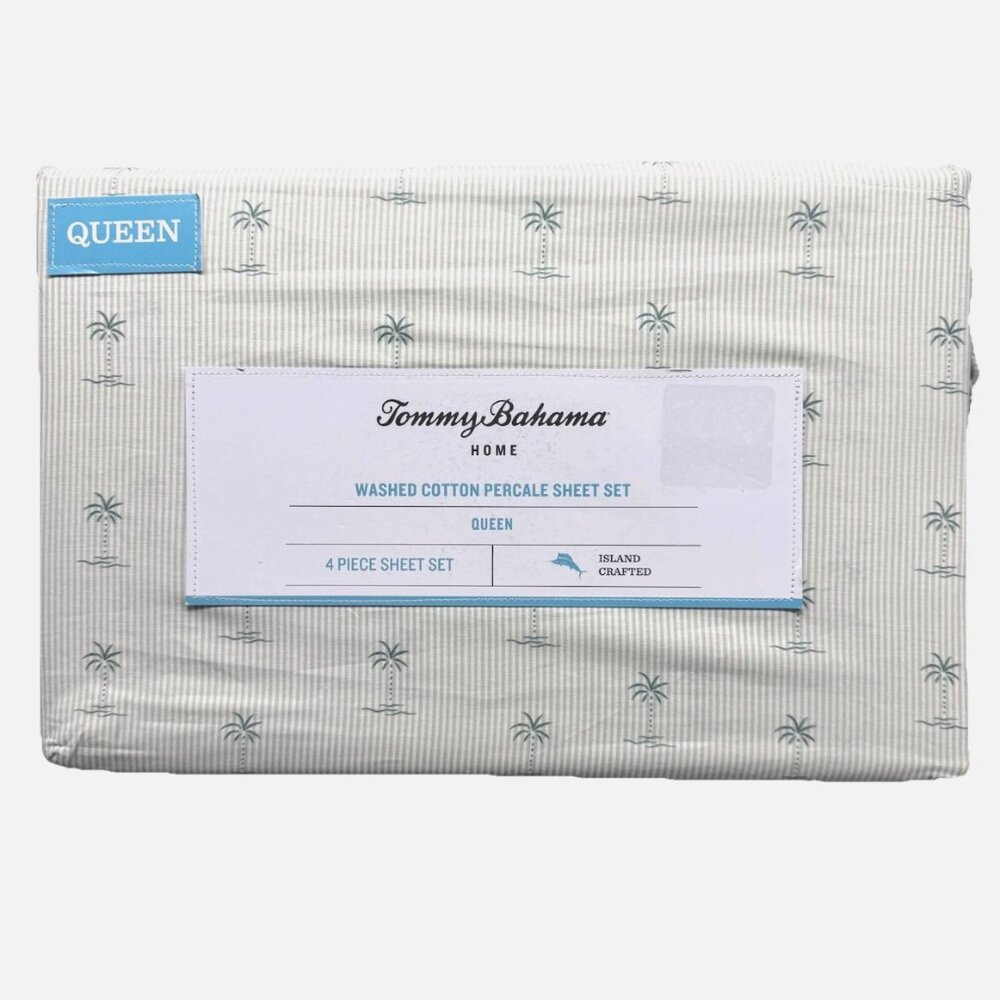 4pc Tommy Bahama KEW PALMS Trees Stripe QUEEN Sheet Set Tropical Cotton Percale